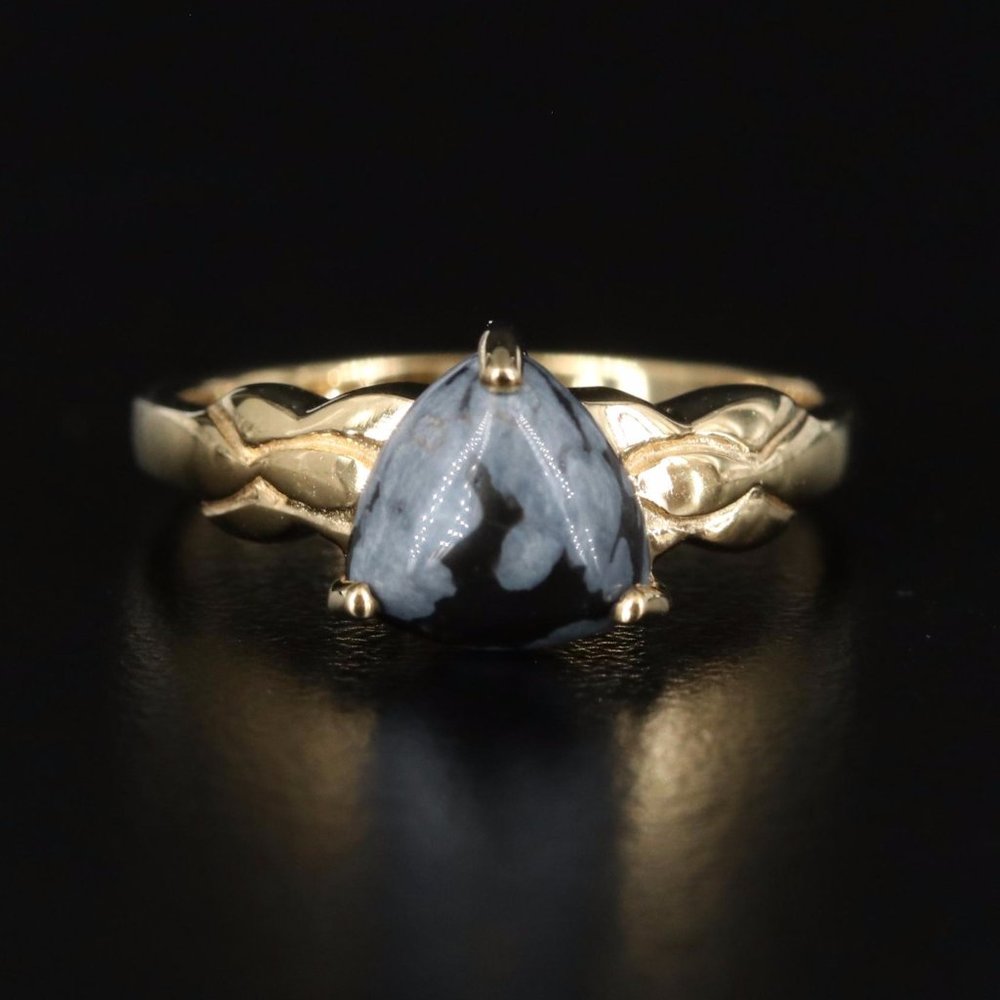 Gold Tone Sterling Silver Snowflake Obsidian Triangular Ring